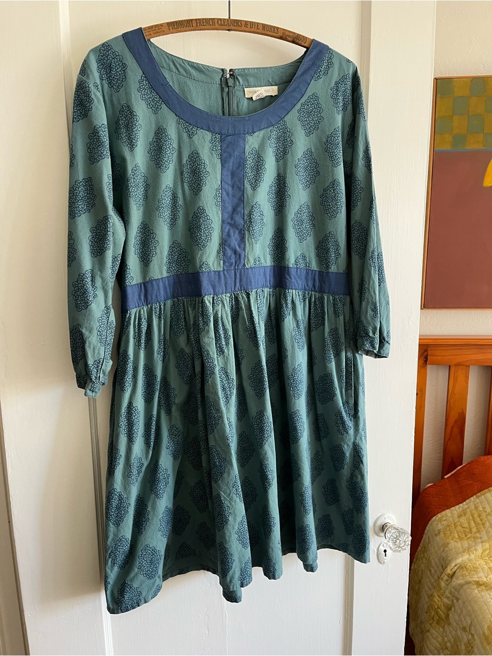 Teal Printed Mata Traders Cotton Dress with Navy Trim